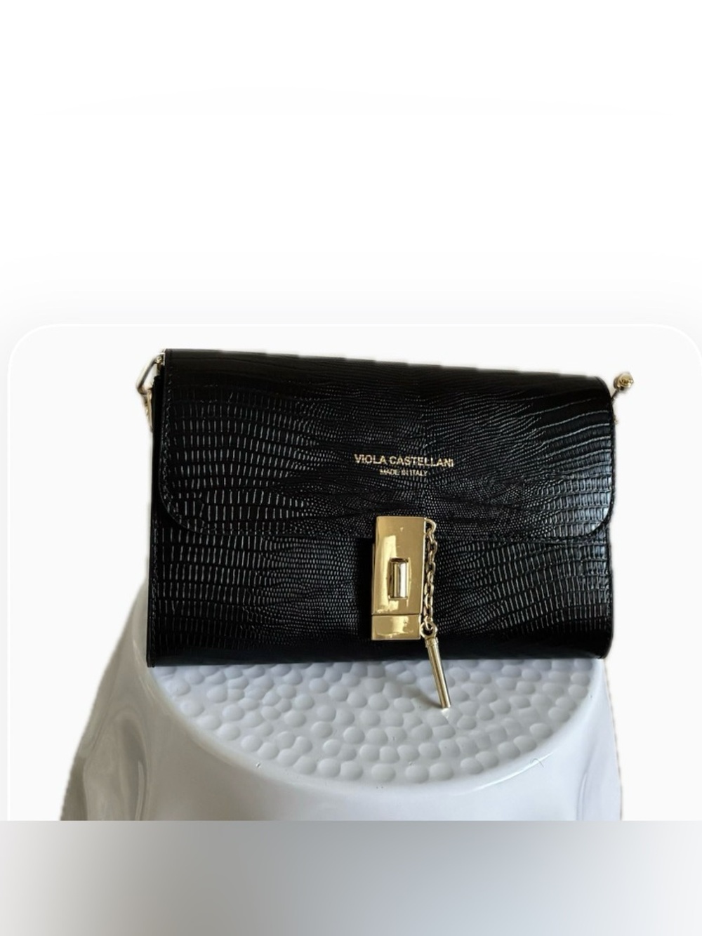Black Textured Leather Clutch with Gold Hardware